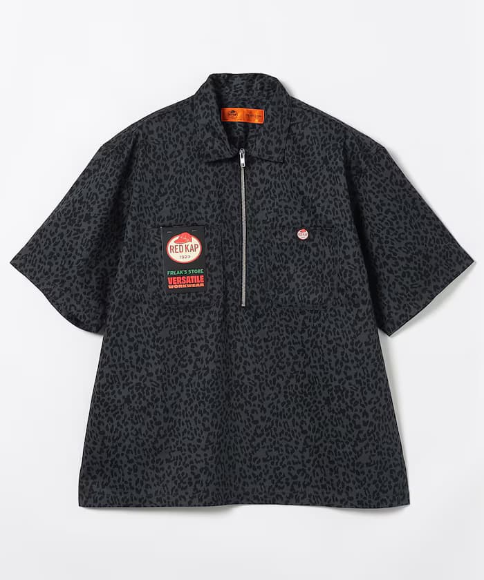 新色追加 別注寬鬆半拉鏈單點品牌LOGO半袖粗棉布工作襯衫