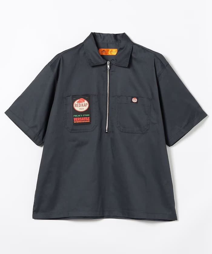 新色追加 別注寬鬆半拉鏈單點品牌LOGO半袖粗棉布工作襯衫