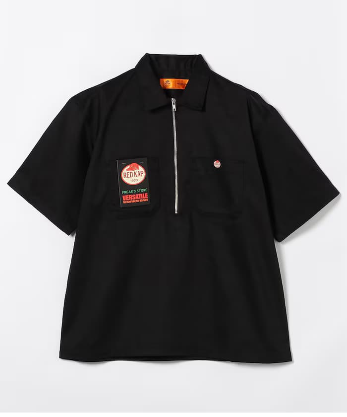 新色追加 別注寬鬆半拉鏈單點品牌LOGO半袖粗棉布工作襯衫