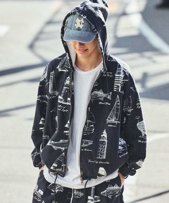 OCEAN總圖案粗斜紋拉鏈連帽夾克