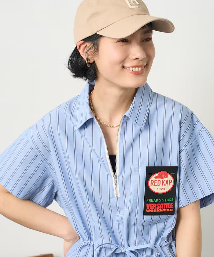 別注條紋腰部蝴蝶結半拉鏈半袖襯衫