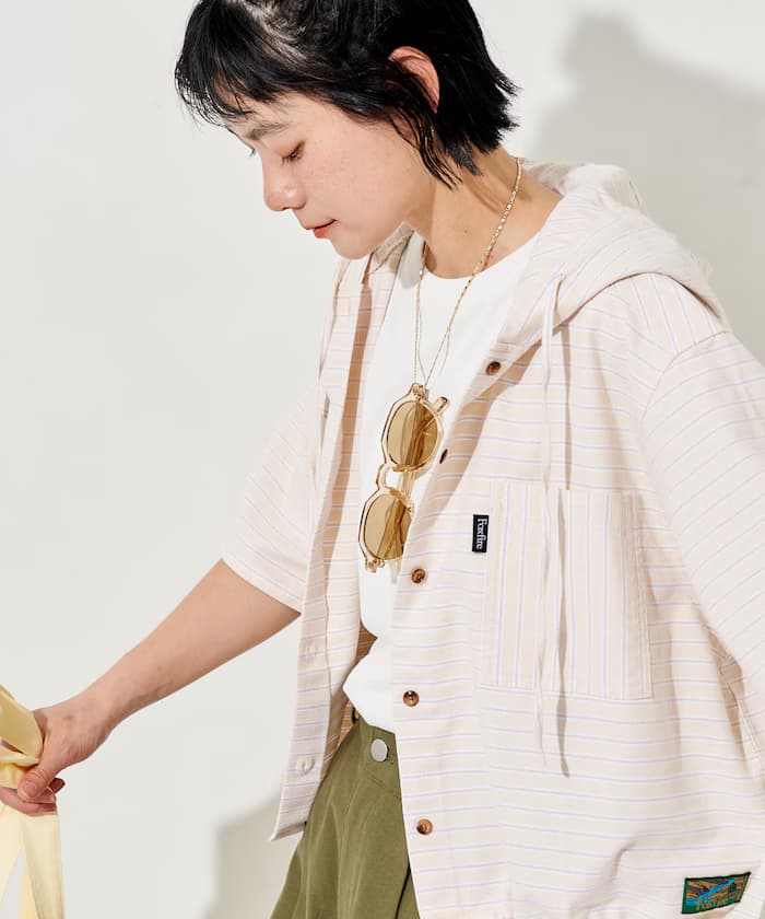 別注 橫條紋連帽半袖襯衫