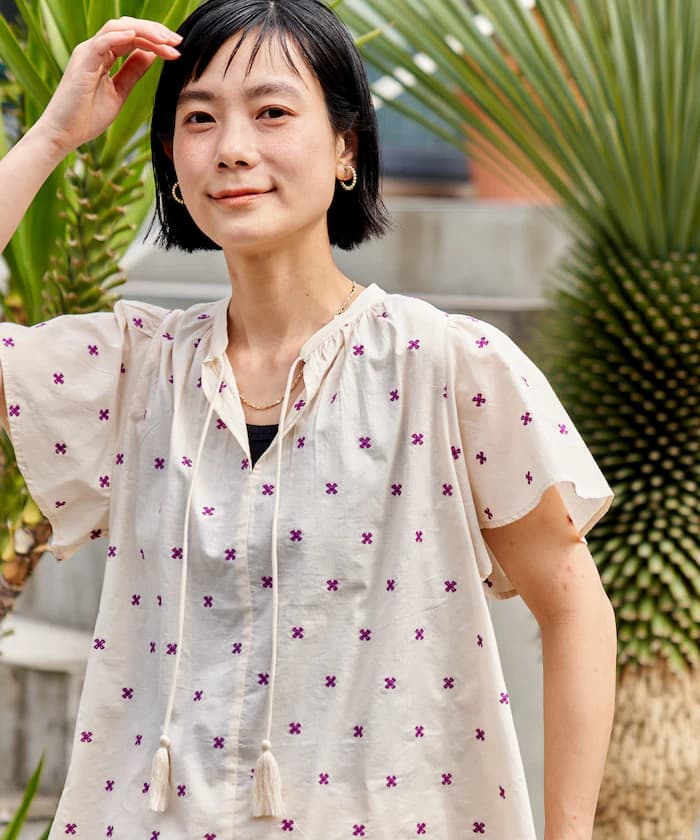 印度總圖案刺繡袖荷葉邊罩衫＜套裝對應＞