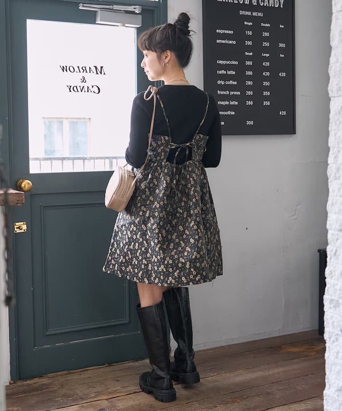 克羅謝花卉提花後蝴蝶結細肩帶迷你洋裝＜可組成套裝＞