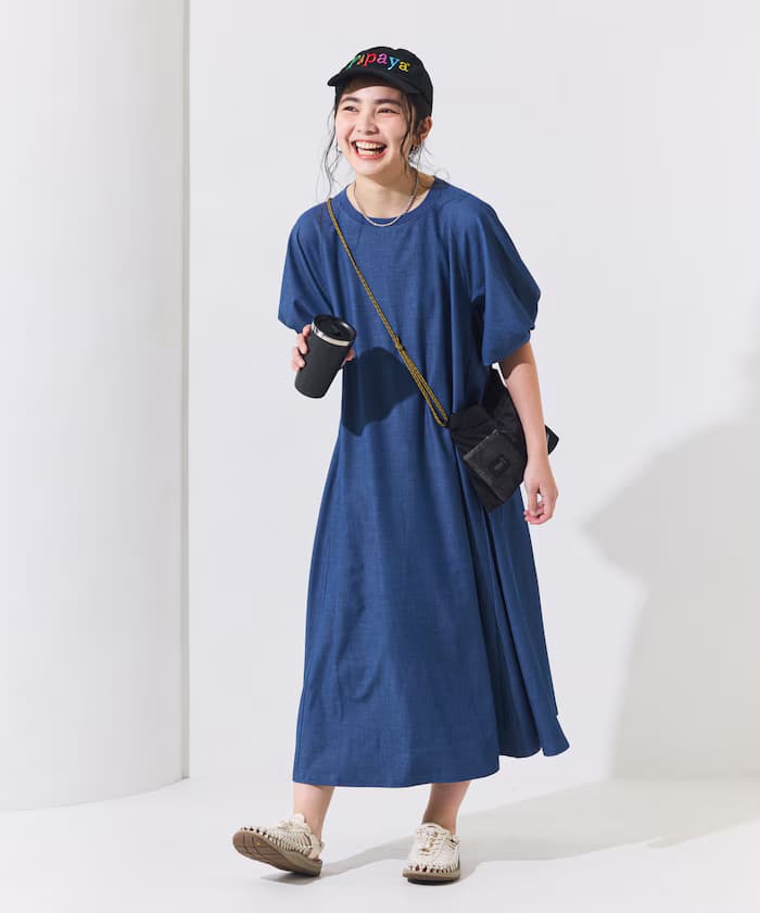 別注 UVカット 泡泡袖連身裙/丹寧ライク/花卉