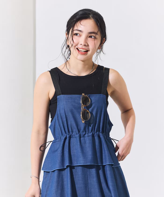 別注 UVカット 丹寧ライク皺褶荷葉邊吊帶連身裙