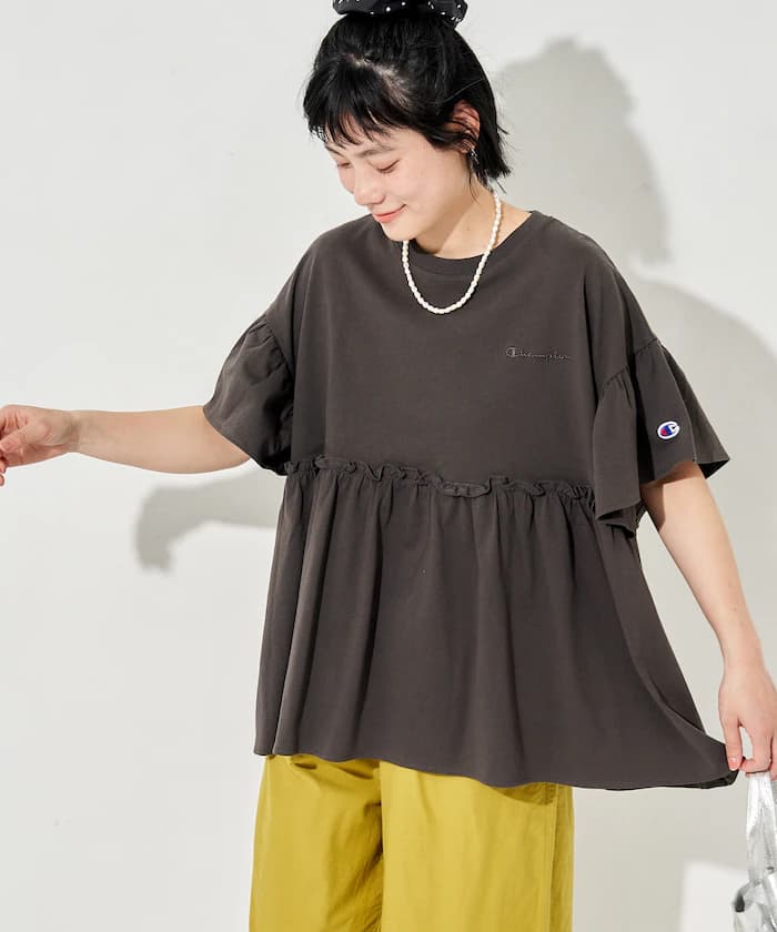 別注切替皺褶袖喇叭T恤