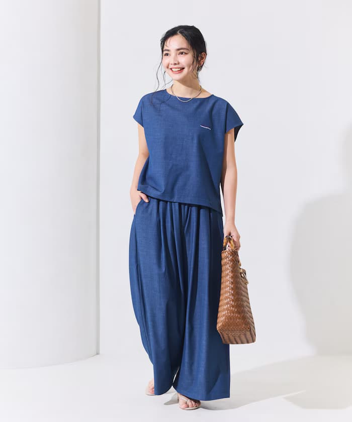 別注 UVカット フレンチスリーブ セットアップ 丹寧風豹紋