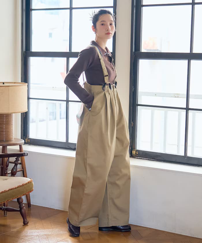 別注 吊帶 寬版 2打褶 斜紋褲子＜可搭配套裝＞