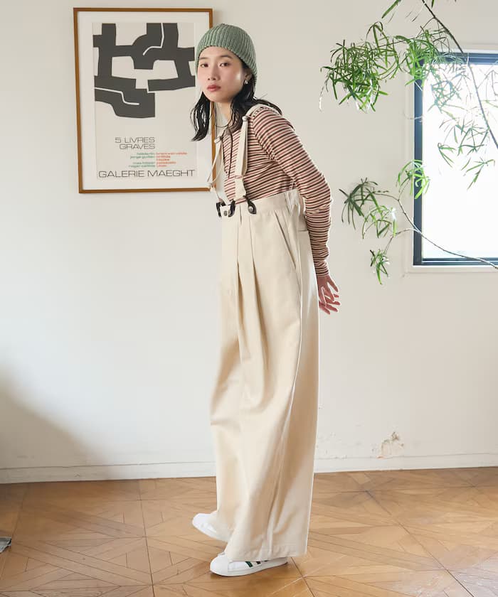 別注吊帶寬版2打褶丹寧褲＜套裝組合對應＞