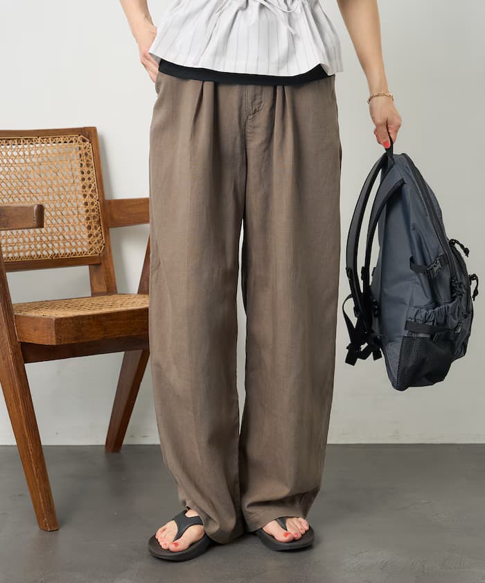 亞麻棉麗紗 紐付鬆緩褲子＜組合搭配對應＞