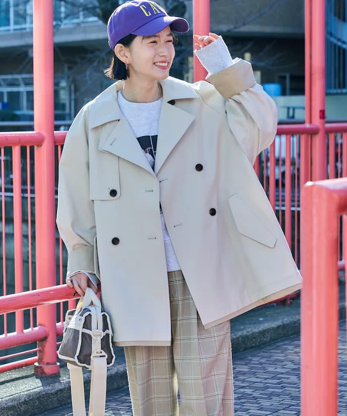 配色短版風衣大衣/迷你喇叭大衣