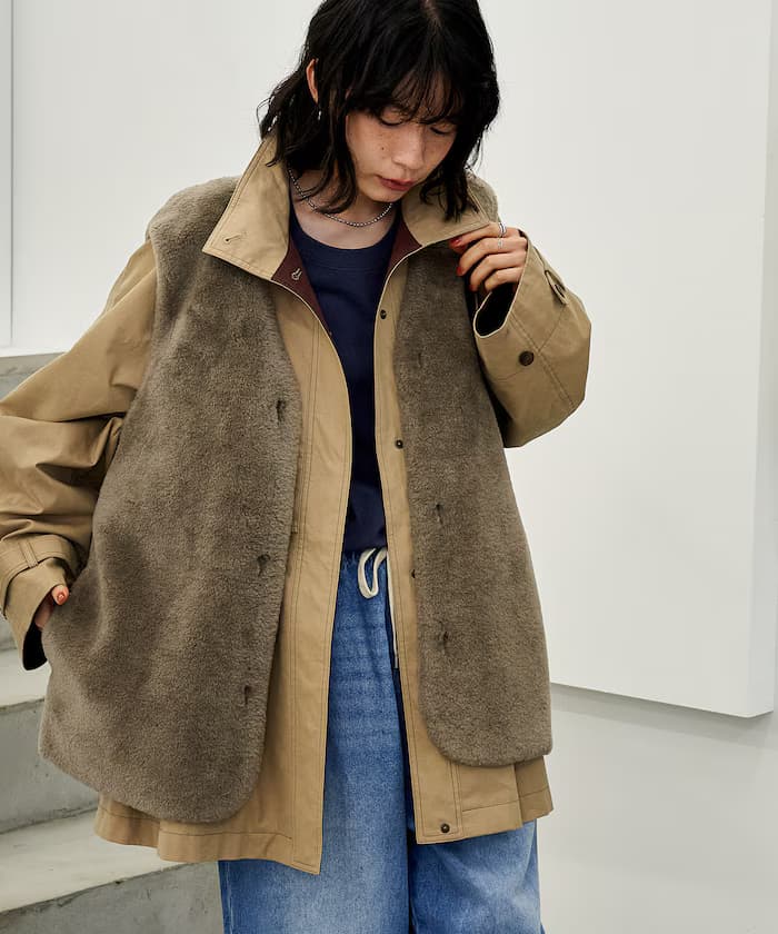 【組合商品】多穿法羊毛絨背心大衣 配色帳篷線大衣