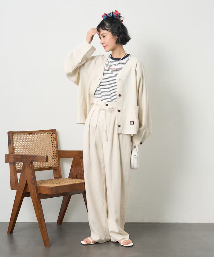 別注亞麻嫘縈圓領V領外套＜套裝對應＞