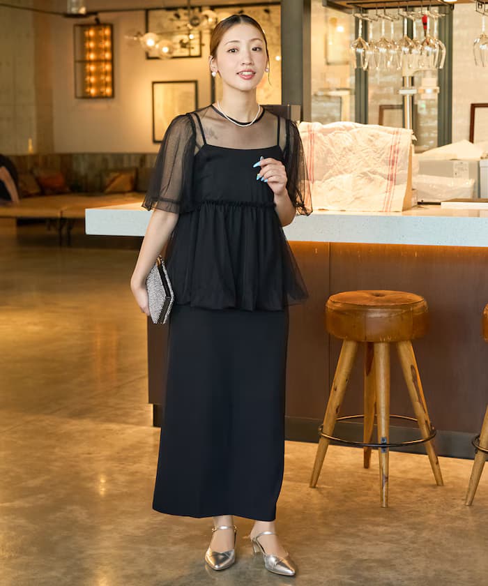 紗質荷葉邊套裝細肩帶連身裙(洋裝)【限定展開】