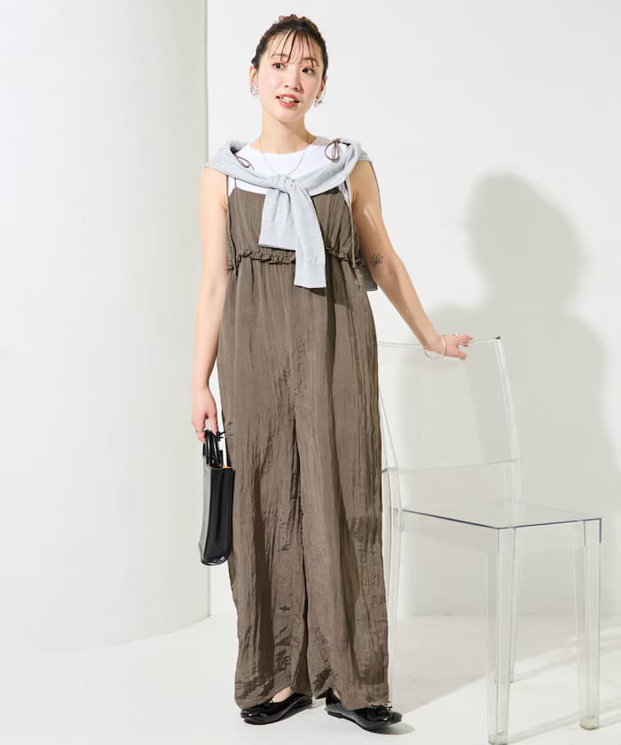 水洗加工荷葉邊蓬鬆吊帶褲【限定展開】