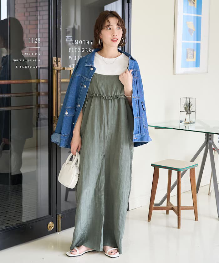 水洗加工荷葉邊蓬鬆吊帶褲【限定展開】