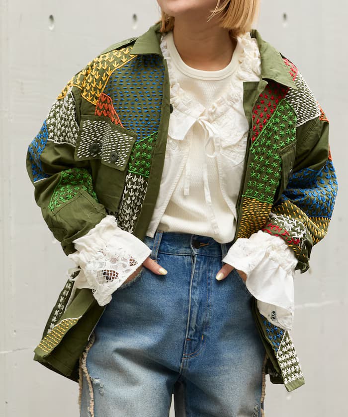 古著手工縫製翻新軍裝風襯衫 素面