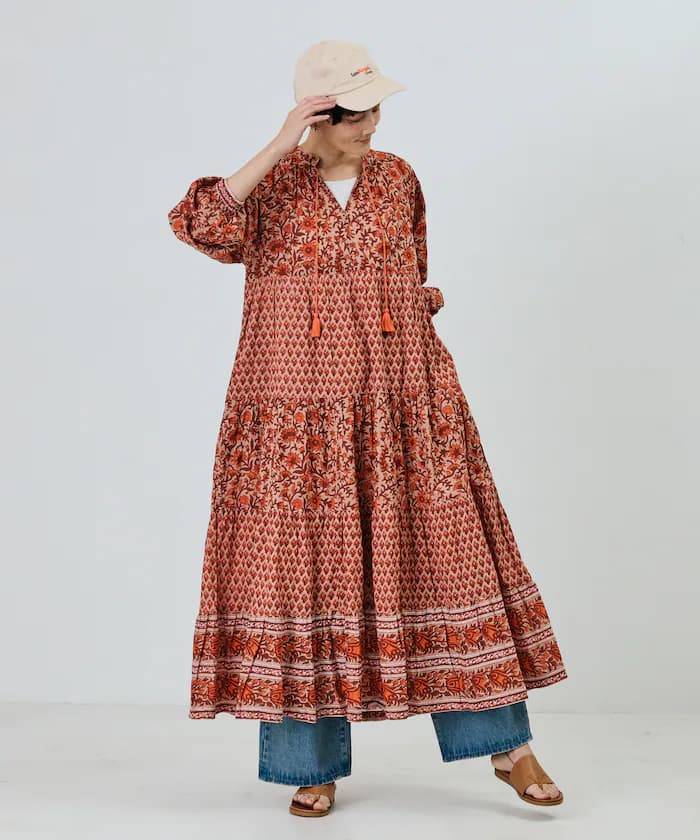 印度花卉印花4層次洋裝