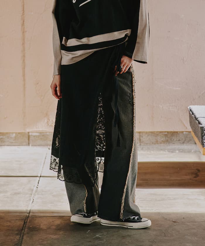 配色曲線丹寧褲