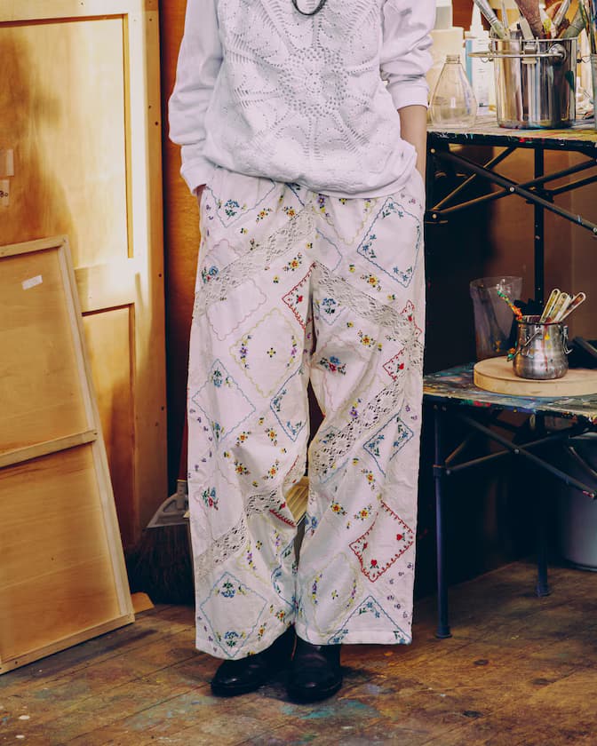 花卉手帕刺繡鬆緊褲
