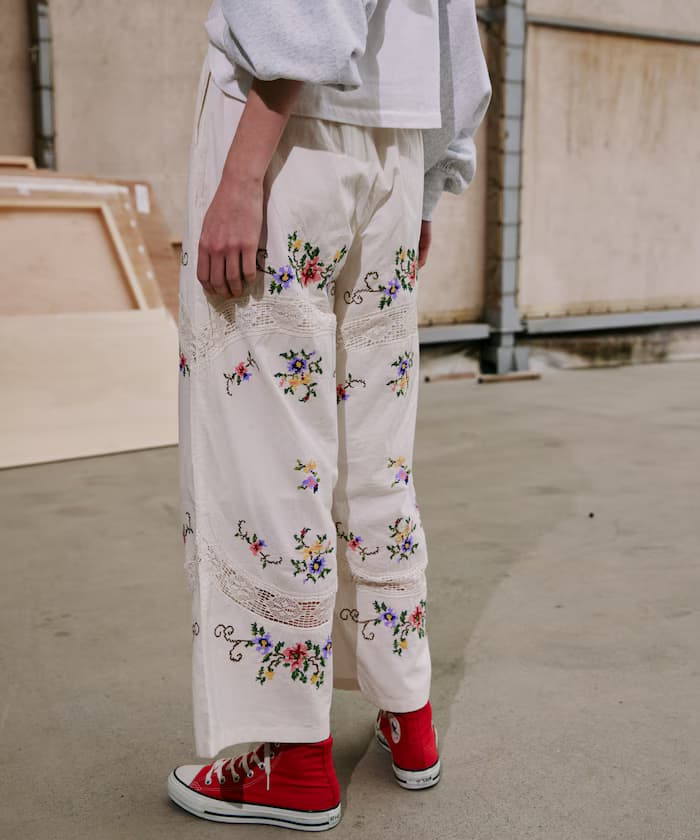 印度花卉十字刺繡蕾絲褲子