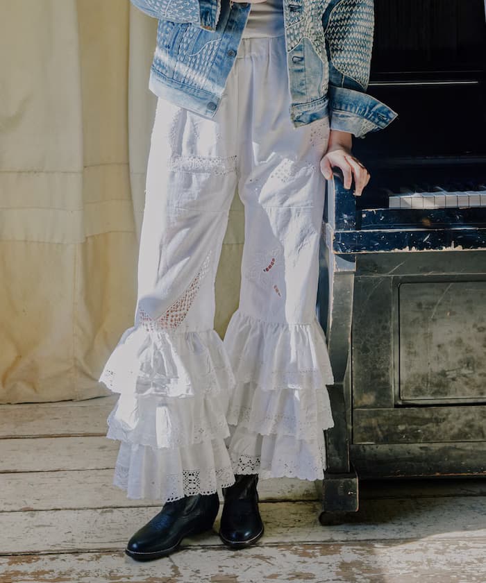 古著蕾絲桌布改造鬆緊褲子