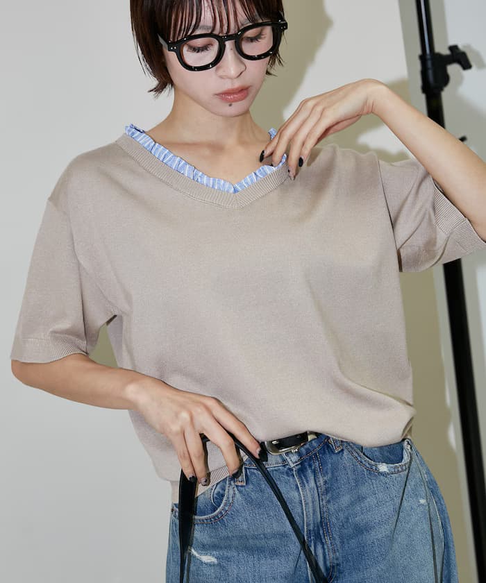 荷葉邊 Vネック 短袖 春夏針織衫 限定展開