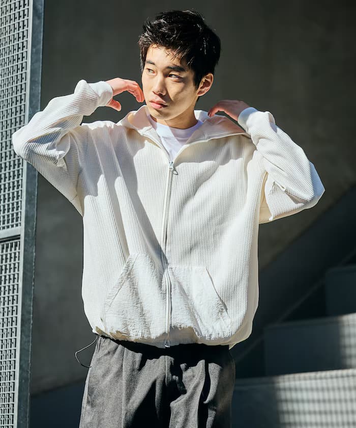 束繩科技發熱尼龍口袋拉鏈連帽衫