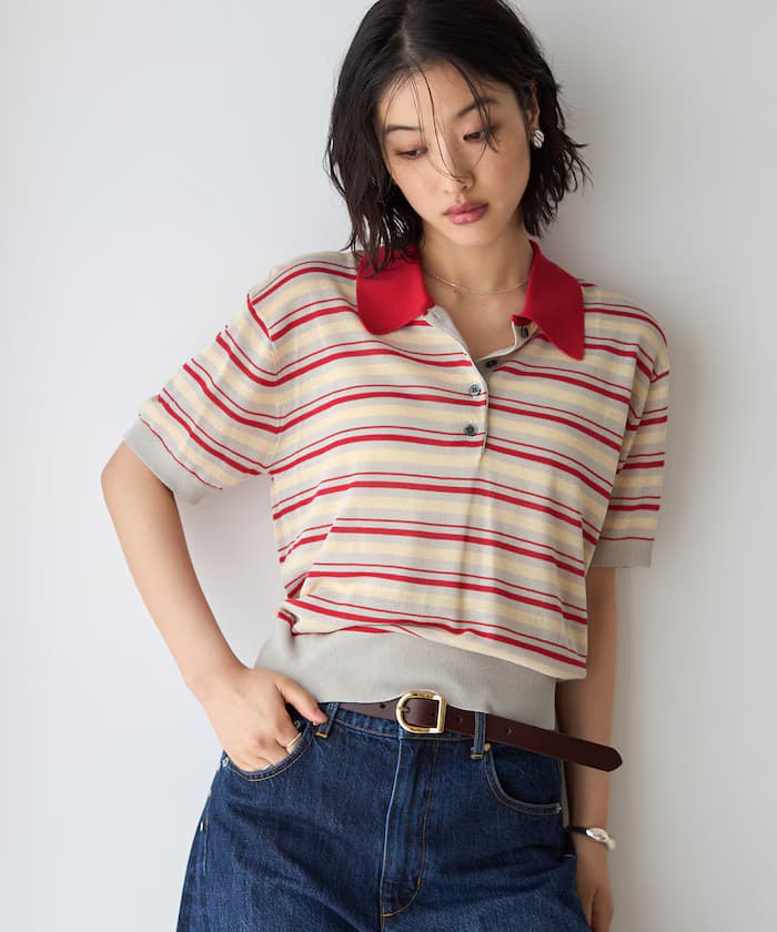 寬鬆版型配色設計POLO針織衫 / 雙色 / 多色橫條紋