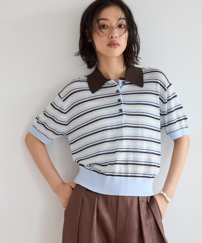 寬鬆版型配色設計POLO針織衫 / 雙色 / 多色橫條紋