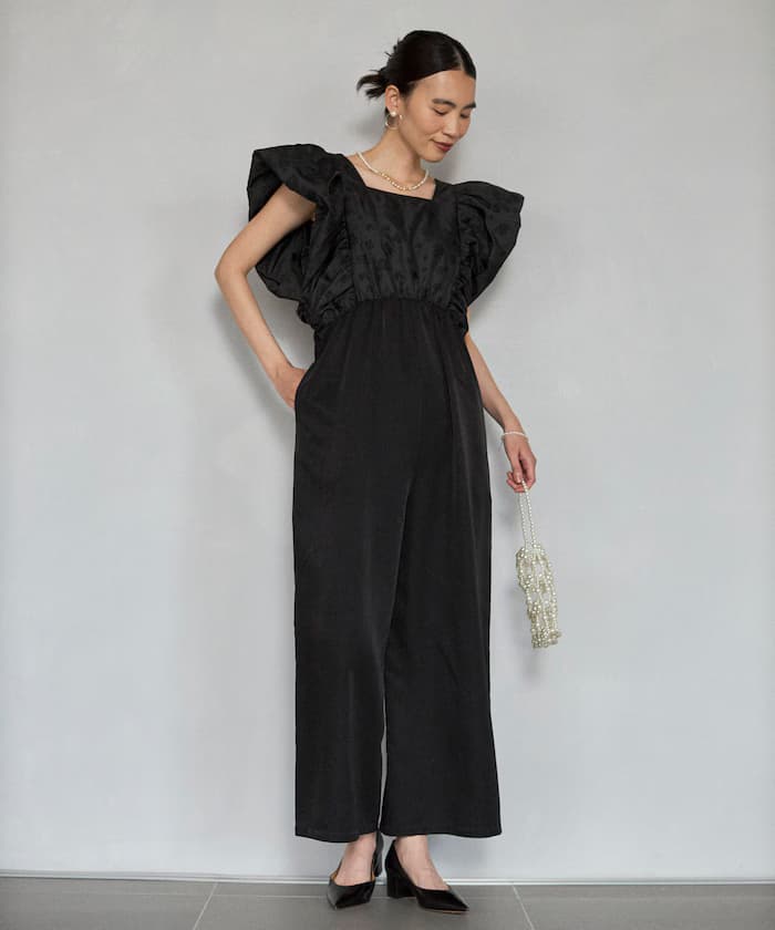 2WAY 花卉薄紗提花拼接連身褲裝