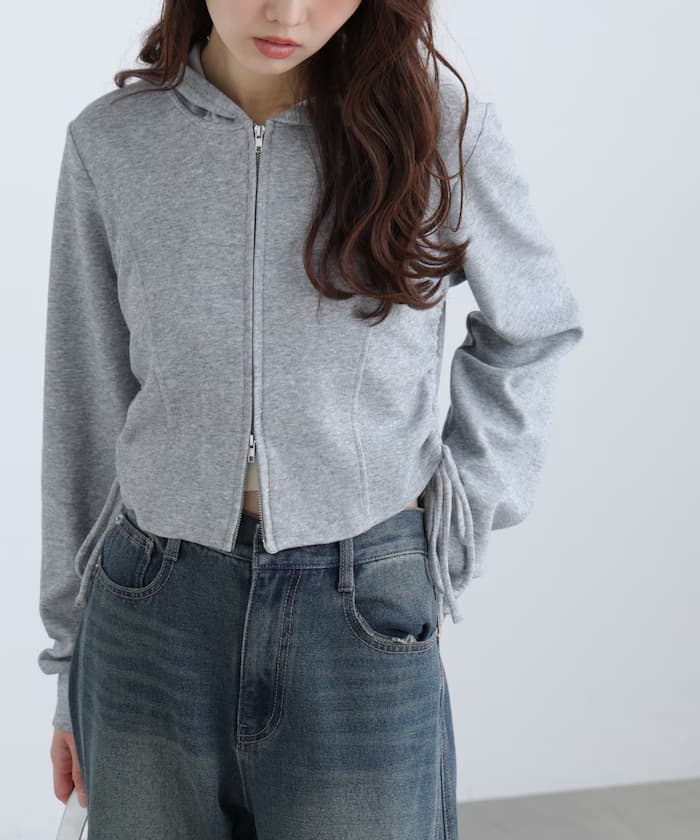 側邊束繩設計拉鍊連帽衫