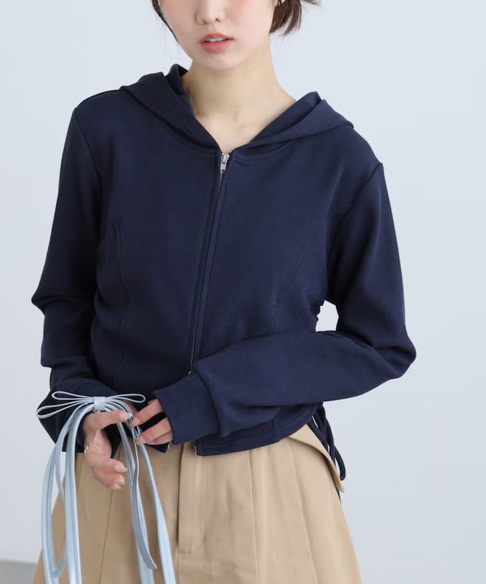 側邊束繩設計拉鍊連帽衫